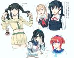  6+girls absurdres asashio_(kantai_collection) bangs beige_serafuku black_eyes black_hair black_ribbon black_serafuku blonde_hair blue_eyes blue_neckwear blue_sailor_collar blunt_bangs blush_stickers braid commentary_request cowboy_shot dress etorofu_(kantai_collection) green_eyes green_hairband hagioshi hair_flaps hair_ornament hair_ribbon hairband hairclip hat highres kantai_collection kitakami_(kantai_collection) long_hair long_sleeves multiple_girls neckerchief ooi_(kantai_collection) ooyodo_(kantai_collection) pen pinafore_dress purple_eyes red_eyes red_hair red_neckwear remodel_(kantai_collection) ribbon sailor_collar sailor_hat scarf school_uniform semi-rimless_eyewear serafuku shirt side_braid sidelocks simple_background translation_request tress_ribbon twin_braids twintails under-rim_eyewear upper_body white_background white_headwear white_scarf white_shirt yuudachi_(kantai_collection) 