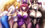  3girls animal_ears arm_strap armpits arms_up artoria_pendragon_(all) artoria_pendragon_(lancer_alter) artoria_pendragon_(swimsuit_ruler)_(fate) ass bangs black_leotard black_neckwear blonde_hair blue_legwear blush braid breasts bunny_ears bunny_girl bunny_tail bunnysuit card cleavage clothing_cutout detached_collar elbow_gloves eyewear_on_head fake_animal_ears fate/grand_order fate_(series) feather_boa fishnet_legwear fishnets gloves green_eyes hair_between_eyes hairband hand_on_own_chest highres horns huge_breasts leotard long_hair looking_at_viewer lying mini_necktie multiple_girls navel navel_cutout on_back on_side pale_skin pantyhose piercing_bunny playing_card ponytail purple_gloves purple_hairband purple_legwear purple_leotard purple_neckwear scathach_(fate)_(all) scathach_(fate/grand_order) shiroshisu sidelocks smile tail thighs tiara white_leotard wrist_cuffs yellow_eyes 