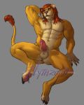  abs anthro balls claws erection felid fur genitals hair hand_behind_head hi_res humanoid_genitalia humanoid_penis hythrojin lion male mammal muscular muscular_anthro muscular_male nude pantherine pawpads paws penis red_hair sitting solo tail_tuft tuft yellow_body yellow_fur 