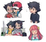  1paku54 2boys absurdres aqua_eyes ash_ketchum ashley_(pokemon_bw098) bangs baseball_cap black_hair black_shirt blush brown_eyes closed_eyes commentary crossdressing gen_1_pokemon gen_4_pokemon goh_(pokemon) hat heart highres holding holding_pokemon long_hair looking_to_the_side multiple_boys multiple_views open_mouth pikachu pokemon pokemon_(anime) pokemon_(creature) pokemon_swsh_(anime) rotom rotom_phone shirt short_sleeves sleeping sleeveless sleeveless_jacket smile t-shirt tree_interior white_shirt 