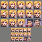  1girl 2boys angry black_hair blonde_hair brown_eyes crossover eyebrows_visible_through_hair eyepatch glasses idolmaster idolmaster_cinderella_girls kiryuu_kazuma kiryuu_tsukasa_(idolmaster) majima_gorou multiple_boys multiple_views namesake one_eye_covered pixel_art purple_eyes rm ryuu_ga_gotoku smile surprised wide-eyed 