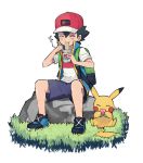  1boy 1paku54 ash_ketchum backpack bag bangs baseball_cap berry_(pokemon) black_hair closed_eyes commentary_request cup_ramen eating gen_1_pokemon grass hair_between_eyes hat highres holding pikachu pokemon pokemon_(anime) pokemon_(creature) pokemon_swsh_(anime) rock shirt shoes shorts sitting sleeveless sleeveless_jacket white_background white_shirt 