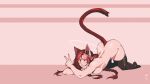  1girl absurdres animal_ears artist_name ass braid breasts cat_ears cat_girl cat_tail commentary english_commentary hair_between_eyes halo haohi_(less) highres less long_hair looking_at_viewer nude original parted_lips red_eyes red_hair sideboob solo tail teeth thighhighs v watermark 
