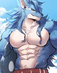  2020 abs anthro bottomwear canid canine canis chung0u0 clothing digital_media_(artwork) duga fur hair hi_res male mammal multicolored_body multicolored_fur muscular muscular_anthro muscular_male nipples pecs sega shining_(sega) shining_force_exa simple_background solo video_games wolf yellow_eyes 