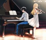  1boy 1girl arima_kousei bangs bare_shoulders black-framed_eyewear black_footwear blonde_hair blue_pants chair collared_shirt commentary_request dress eyebrows_visible_through_hair glasses highres holding holding_instrument indoors instrument lights looking_to_the_side miyazono_kawori music pants piano piano_bench playing_instrument popuru shigatsu_wa_kimi_no_uso shirt sitting sleeves_rolled_up smile stage standing violin white_dress white_footwear white_shirt 