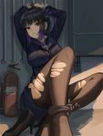  1girl arms_up bangs black_footwear black_hair blue_ribbon bound bound_ankles bound_wrists breasts brown_eyes character_request commentary_request crossed_ankles feet_out_of_frame fire_extinguisher folded_ponytail formal frown girls_frontline gradient_hair hair_ribbon high_heels jacket knees_up moran_(pixiv27824646) multicolored_hair on_floor pantyhose paradeus pencil_skirt pipes purple_hair restrained ribbon shoes shoes_removed sidelocks single_shoe sitting skindentation skirt skirt_suit stiletto_heels suit thighband_pantyhose tied_up torn_clothes torn_legwear 