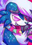  2017 absurd_res ambiguous_gender anthro black_claws blue_body blue_fur canid canine cheek_tuft claws collar facial_tuft flufflix fur hair hi_res lycanroc mammal midnight_lycanroc nintendo pink_eyes pok&eacute;mon pok&eacute;mon_(species) sharp_teeth shiny_pok&eacute;mon signature smile solo teeth tuft video_games white_body white_fur white_hair 