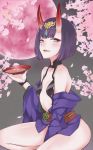  1girl a9_(repainter) bangs bare_shoulders blush bob_cut breasts cherry_blossoms collarbone eyeliner fang fate/grand_order fate_(series) full_moon headpiece horns japanese_clothes kimono long_sleeves looking_at_viewer makeup moon obi off_shoulder oni oni_horns parted_lips purple_eyes purple_hair purple_kimono red_moon revealing_clothes sash short_hair shuten_douji_(fate/grand_order) sitting skin-covered_horns small_breasts smile thighs wide_sleeves 