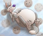  abdominal_bulge anthro belly canid canine canis chip_the_wolf cookie cookie_crisp food fur grey_body grey_fur hand_on_stomach lying male mammal on_back over_eating overweight overweight_anthro overweight_male scott_calico solo tailwag toony wolf 