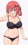  1girl bangs bare_shoulders bat_hair_ornament black_bra black_panties blush bra breasts cleavage collarbone cowboy_shot eyebrows_visible_through_hair fang gabriel_dropout grey_background hair_between_eyes hair_ornament hair_rings hand_up highres kurumizawa_satanichia_mcdowell large_breasts legs_together lifted_by_self looking_at_viewer navel nyaroon open_mouth panties pink_eyes red_hair shiny shiny_hair shiny_skin simple_background solo standing strap_lift sweatdrop thighs underwear underwear_only wide_hips 