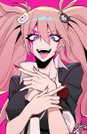  1girl :d \m/ black_bra bra brown_hair danganronpa danganronpa_1 english_commentary enoshima_junko hair_between_eyes hair_ornament j.k. looking_at_viewer open_mouth paint pink_background purple_eyes red_nails simple_background smile solo teeth tongue tongue_out twintails underwear 