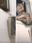  anthro bag bathroom canyne_khai comparison domestic_cat edit felid feline felis male mammal meme photo_manipulation solo tile_wall 