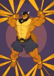  abs anthro biceps black_hair blush body_hair bottomwear bound captured chest_hair clothed clothing defeated dragon embarrassed flexing hair halloween halloween_2018 hikazedragon holidays horn male muscular muscular_anthro muscular_male pecs shorts solo struggling submissive tape teeth tofudumps topless 