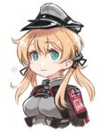  1girl aqua_eyes blonde_hair blush closed_mouth eyebrows_visible_through_hair hair_between_eyes hat kantai_collection long_hair long_sleeves low_twintails lowres military military_hat military_uniform peaked_cap portrait prinz_eugen_(kantai_collection) simple_background smile solo terrajin twintails uniform white_background 