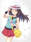  1girl aqua_shirt bag black_wristband brown_eyes brown_hair bucket_hat chokuro collarbone commentary_request eyelashes hat highres leaf_(pokemon) long_hair messenger_bag one_eye_closed pleated_skirt pokemon pokemon_(game) pokemon_frlg red_skirt shirt shoulder_bag skirt sleeveless sleeveless_shirt smile solo vs_seeker white_headwear wristband yellow_bag 