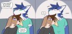  anthro blush canid canine canis clothing comic cuddling dialogue domestic_dog duo freckles furniture hi_res lagomorph leporid male male/male mammal rabbit resting_on_partner sky_(youwannaslap) sofa speech_bubble youwannaslap 