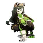  1girl asui_tsuyu black_eyes black_footwear bodysuit boku_no_hero_academia closed_mouth domino_mask full_body gloves goggles goggles_on_head green_bodysuit green_hair highres long_hair low-tied_long_hair mask no_nose simple_background solo squatting ssambatea white_background white_gloves 