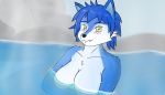  anthro blue_body blue_hair blue_skin canid canine canis convenient_censorship domestic_dog female hair hot_spring mammal onsen silverbunny solo water yellow_eyes 