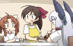  3girls ahoge alternate_costume apron brown_hair commentary_request cup dated drink drinking_straw eyebrows_visible_through_hair food hair_ornament hair_ribbon hairclip half_updo hamu_koutarou headgear highres kagerou_(kantai_collection) kantai_collection long_hair mamiya_(kantai_collection) multiple_girls murakumo_(kantai_collection) orange_eyes purple_eyes red_eyes remodel_(kantai_collection) ribbon shirt short_eyebrows sidelocks silver_hair sipping t-shirt table tress_ribbon twintails upper_body white_ribbon white_shirt yellow_apron 