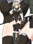  1girl alternate_costume bangs blush boots breasts close-up closed_mouth commentary_request cosplay covered_nipples cross-laced_footwear eyebrows_visible_through_hair fur_trim girls_frontline gloves grey_hair haidora_(haidorafdry) highres lace-up_boots leotard looking_at_viewer medium_breasts pouch pp-19_(girls_frontline) pp-19_(girls_frontline)_(cosplay) short_hair solo thighhighs vector_(girls_frontline) yellow_eyes 