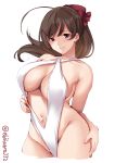  1girl ahoge breasts brown_hair cowboy_shot ebifurya hair_ornament hair_ribbon hairclip highres kantai_collection large_breasts long_ponytail mamiya_(kantai_collection) navel ponytail purple_eyes ribbon slingshot_swimsuit smile swimsuit twitter_username white_background 