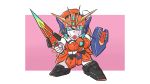  1girl absurdres chibi gundam highres holding holding_shield holding_sword holding_weapon hololive hololive_english looking_up mecha mechanization orange_hair purple_eyes sd_gundam shield solo sword takanashi_kiara v-fin vesba weapon 