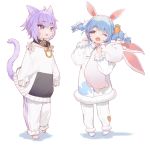  2girls :3 ;o adapted_costume ahoge amana_(pocketkey) animal_ear_fluff animal_ears arms_at_sides bangs barefoot blue_hair bow braid bunny_ears bunny_girl carrot_hair_ornament cat_ears cat_girl child clenched_hand collar commentary_request don-chan_(usada_pekora) food_themed_hair_ornament hair_bow hair_ornament hands_up highres hololive long_hair long_sleeves looking_at_viewer messy_hair multicolored_hair multiple_girls neck_ribbon nekomata_okayu no_shoes o-ring one_eye_closed open_mouth oversized_clothes pajamas pants pants_rolled_up pocket pullover purple_eyes purple_hair red_eyes ribbon shirt short_hair sidelocks simple_background sleepy sleeves_past_wrists socks standing stuffed_animal stuffed_bunny stuffed_toy tail tears twin_braids twintails two-tone_hair usada_pekora virtual_youtuber white_background white_bow white_footwear white_hair white_pants white_shirt yawning younger 