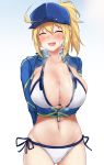 1girl :d ^_^ ahoge arms_behind_back artoria_pendragon_(all) ass_visible_through_thighs baseball_cap bikini blonde_hair blue_headwear breasts closed_eyes eyebrows_visible_through_hair fate/grand_order fate_(series) hair_between_eyes hair_through_headwear hat highres large_breasts looking_at_viewer mysterious_heroine_xx_(foreigner) navel open_mouth ponytail poshi_(ginmokusei) smile solo sweat swimsuit white_bikini zipper 