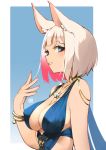  1girl angry_num animal_ear_fluff animal_ears arm_at_side azur_lane bangs bare_shoulders between_breasts blue_background blue_dress blue_eyes blunt_bangs bob_cut bracelet breasts colored_inner_hair dress eyelashes eyeliner fox_ears gem hand_up jewelry kaga_(azur_lane) kaga_(white-tailed_magnificence)_(azur_lane) large_breasts lipstick looking_at_viewer makeup multicolored_hair nail_polish necklace outside_border parted_lips red_hair red_nails short_hair sideways_glance sleeveless sleeveless_dress smile solo upper_body white_hair 
