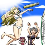  3girls :d animal_ears bikini black_swimsuit blonde_hair blue_sky breasts cat_ears clothing_cutout cloud cloudy_sky commentary day eyepatch fake_animal_ears food freckles fruit girls_und_panzer grey_hair hairband jaw_drop jumping kogane_(staygold) long_hair looking_at_another lowres medium_breasts momogaa_(girls_und_panzer) multiple_girls navel navel_cutout nekonyaa_(girls_und_panzer) no_eyewear open_mouth outdoors peach pink_bikini pink_hairband piyotan_(girls_und_panzer) ponytail red_hair shaded_face side-tie_bikini sky smile sparkle spiking standing strapless strapless_bikini swimsuit tank_shell twitter_username volleyball_net white_bikini 
