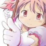  1girl blurry blush bow_(weapon) commentary_request depth_of_field eyebrows_visible_through_hair foreshortening gloves holding holding_bow_(weapon) holding_weapon kaname_madoka magical_girl mahou_shoujo_madoka_magica official_style pink_eyes pink_hair pointing puffy_sleeves serious short_sleeves simple_background solo soul_gem takahan upper_body weapon white_background white_gloves 