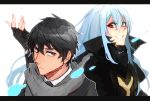  1boy 1other androgynous bangs black_eyes black_hair blue_hair closed_mouth eyebrows_visible_through_hair fingerless_gloves formal gloves hair_between_eyes hands_up heterochromia long_hair long_sleeves mikami_satoru open_mouth red_eyes rimuru_tempest sakusan_yousoeki simple_background smile tensei_shitara_slime_datta_ken water white_background yellow_eyes 