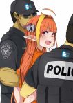  1girl 2boys ahoge arrest artist_request bilibili_douga blonde_hair diagonal-striped_bow dragon_girl dragon_horns highres hololive horns kiryuu_coco long_hair multicolored_hair multiple_boys orange_eyes orange_hair orange_skirt pointy_ears police skirt third-party_edit very_long_hair virtual_youtuber 