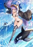  1girl absurdres animal_hood bangs bare_shoulders bikini black_bikini black_jacket blue_bow blue_eyes blue_sky blush bow breasts choker closed_mouth collarbone fate/grand_order fate_(series) greaves highres hood hood_up jacket kaer_sasi_dianxia legs long_hair long_sleeves looking_at_viewer meltryllis meltryllis_(swimsuit_lancer)_(fate) navel ocean open_clothes open_jacket orca penguin_hood prosthesis prosthetic_leg purple_hair sky sleeves_past_fingers sleeves_past_wrists small_breasts smile swimsuit very_long_hair 