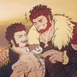  2boys abs bara bare_chest beard blue_eyes breastplate brown_hair cape chest chest_scar cleavage_cutout clothing_cutout collar couple epaulettes error facial_hair fate/grand_order fate/zero fate_(series) feeding food fur-trimmed_cape fur_trim goatee highres ice_cream ina_zuma iskandar_(fate) jacket leather male_focus manly melting military military_uniform multiple_boys muscle napoleon_bonaparte_(fate/grand_order) one_eye_closed open_clothes open_jacket open_mouth red_eyes red_hair scar short_hair sideburns simple_background smirk uniform upper_body 