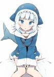  1girl bangs blue_eyes blue_hair blue_hoodie blush gawr_gura hololive hololive_english hood long_sleeves looking_at_viewer multicolored_hair open_mouth shark_girl shark_hood shark_tail sharp_teeth smile solo streaked_hair tail teeth tottotonero virtual_youtuber white_hair 