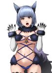  +_+ 1girl animal_ear_fluff animal_ears ass_visible_through_thighs azur_lane bangs bare_shoulders blue_hair blunt_bangs breasts claw_pose cleavage commentary_request cosplay cowboy_shot cross dangerous_beast elbow_gloves expressionless eyebrows_behind_hair fake_animal_ears fake_tail fangs fate/grand_order fate_(series) fur-trimmed_gloves fur_collar fur_trim gascogne_(azur_lane) gloves halloween_costume lace-trimmed_legwear lace_trim looking_at_viewer mash_kyrielight mash_kyrielight_(cosplay) medium_breasts midriff navel o-ring o-ring_top open_mouth oregano_(olgn_eao) revealing_clothes short_hair sidelocks simple_background solo standing tail thighhighs tongue underboob upper_teeth white_background white_gloves wolf_ears wolf_tail yellow_eyes 