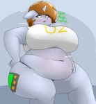  absurd_res anthro big_breasts blush breasts brown_hair clothed clothing coatieyay cutie_mark equid equine fallout_equestria fan_character female freckles grey_body hair hasbro hi_res horn huge_breasts littlepip mammal my_little_pony overweight overweight_anthro overweight_female solo unicorn 