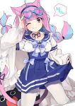  1girl alternate_costume alternate_hairstyle animal_ears blush breasts cat_ears cat_tail eyewear_on_head headband highres hololive minato_aqua multicolored_hair nejime one_eye_closed pantyhose purple_eyes simple_background solo tail virtual_youtuber white_background white_legwear 