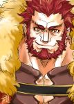  1boy arabagi bara beard breastplate cape chest cleavage_cutout close-up clothing_cutout face facial_hair fate/grand_order fate/zero fate_(series) fur-trimmed_cape fur_trim greek_clothes iskandar_(fate) male_focus manly muscle red_eyes red_hair short_hair sketch solo upper_body 