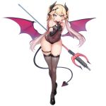  1girl bangs black_legwear blonde_hair blue_eyes blush demon_girl demon_horns demon_tail demon_wings flat_chest highres horns last_origin leotard long_hair looking_at_viewer mary_janes mh-4_thetis navel official_art polearm see-through shoes smile solo tachi-e tail thighhighs transparent_background trident twintails weapon wings 