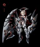  1girl bare_shoulders black_background closed_mouth donxxxs foot_wings grey_eyes hair_between_eyes halo heterochromia high_heels highres holding holding_scythe holding_weapon huge_weapon leg_scar mecha_musume mechanical_halo original red_eyes scar scythe short_hair simple_background solo weapon wings 