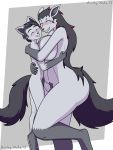  anthro blush breasts canid canine canis cuddling duo eyes_closed female hair happy hi_res hug lewis_(noke13) long_hair male male/female mammal mightyena multicolored_hair nintendo noke13 nude pok&eacute;mon pok&eacute;mon_(species) pubes raised_leg size_difference smile video_games 