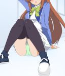  1girl amamiya_mimori arm_support arm_up black_footwear black_legwear blazer blue_jacket blush boots bow breasts brown_hair commentary_request dress green_bow green_panties head_out_of_frame jacket knees_together_feet_apart knees_up long_hair momio open_blazer open_clothes open_jacket panties parted_lips shadowverse_(anime) sitting small_breasts solo sweat thighhighs underwear very_long_hair white_dress 