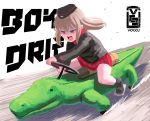  1girl alligator artist_logo artist_name bangs black_footwear black_headwear black_jacket black_legwear blue_eyes boots commentary crocodilian dress_shirt drifting english_commentary english_text frown garrison_cap girls_und_panzer glaring hat highres insignia itsumi_erika jacket kiddie_ride kuromorimine_military_uniform leaning_forward long_sleeves medium_hair military military_hat military_uniform miniskirt motion_blur open_mouth pleated_skirt red_shirt red_skirt riding romaji_commentary shirt silver_hair sitting skirt socks solo uniform voccu 