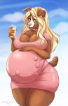 2020 anthro beverage big_breasts blonde_hair breasts canid canine canis cleavage clothed clothing cloud collar day domestic_dog eye_through_hair eyebrow_through_hair eyebrows eyelashes_visible_through_hair female hair hi_res mammal multi_nipple navel_outline nipple_outline nipples pregnant sky solo spottedtigress translucent translucent_hair 
