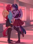  absurd_res bottomwear clothed clothing detailed_background duo equid equine female female/female fluttershy_(mlp) friendship_is_magic hair hi_res horn humanoid kissing legwear mammal my_little_pony pegasus pink_hair purple_body skirt thigh_highs twilight_sparkle_(mlp) winged_unicorn wings xjenn9 