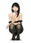  1girl black_dress black_hair black_legwear black_nails breasts brown_eyes cleavage collarbone commentary_request dress earrings highres jewelry large_breasts lips long_hair nail_polish original pantyhose parted_lips simple_background solo squatting white_background yomu_(sgt_epper) 