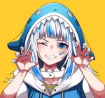  1girl bangs blue_hair blue_nails blunt_bangs claw_pose collarbone fish_skeleton gawr_gura grin highres hololive hololive_english multicolored multicolored_eyes multicolored_hair one_eye_closed shark_hood sharp_teeth simple_background smile solo teeth two-tone_hair tyureu white_hair yellow_background 