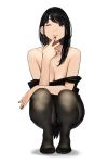  1girl black_dress black_hair black_nails breasts brown_eyes cleavage collarbone commentary_request dress earrings highres jewelry large_breasts lips long_hair nail_polish original pantyhose parted_lips simple_background solo squatting white_background yomu_(sgt_epper) 
